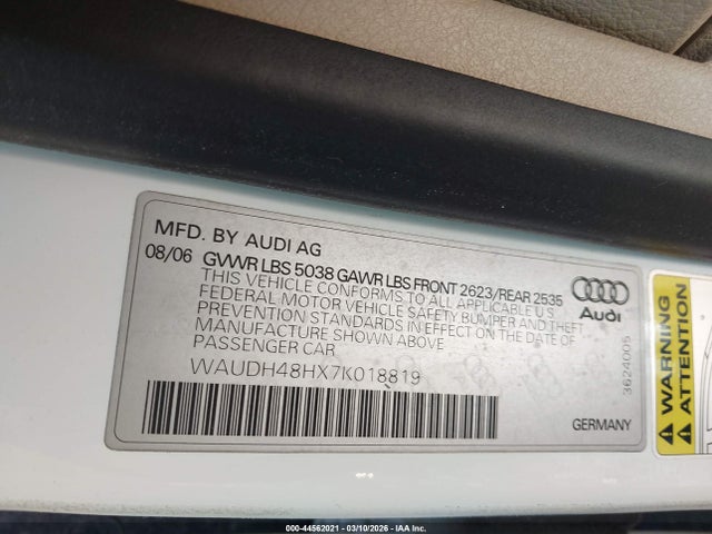Продажа на аукционе авто 2007 Audi A4 3.2, vin: WAUDH48HX7K018819, номер лота: 44562021