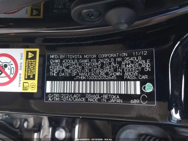 Продажа на аукционе авто 2013 Lexus Es 350, vin: JTHBK1GG0D2032645, номер лота: 44562032