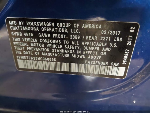 Продажа на аукционе авто 2017 Volkswagen Passat 1.8t R-line, vin: 1VWDT7A37HC056695, номер лота: 44562073