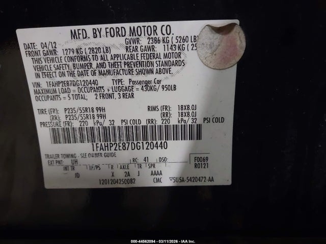 2013 Ford Taurus Sel მანქანა იყიდება აუქციონზე, vin: 1FAHP2E87DG120440, აუქციონის ნომერი: 44562094