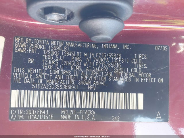 2005 TOYOTA SIENNA 5TDZA23C35S366643 Photo 8