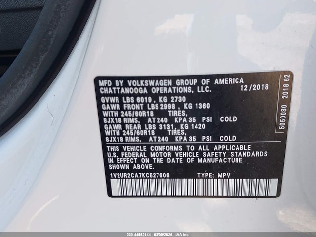 2019 VOLKSWAGEN ATLAS 1V2UR2CA7KC527606 Photo 8