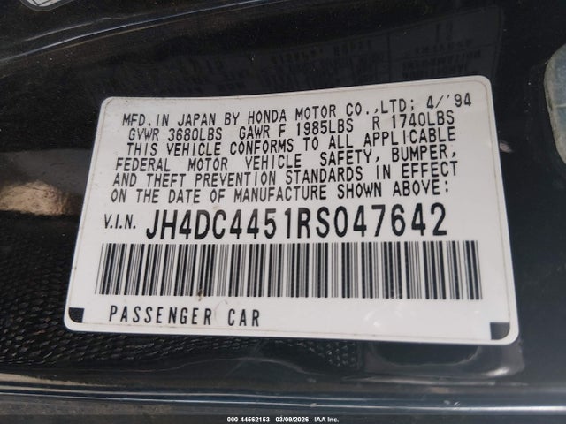 Aukcja sprzedaży 1994 Acura Integra Ls, vin: JH4DC4451RS047642, numer aukcji: 44562153