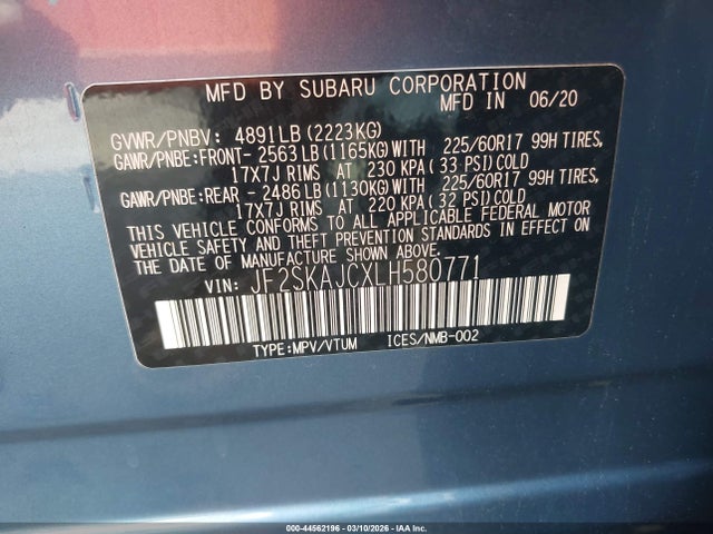 Продаж на аукціоні авто 2020 Subaru Forester Premium, vin: JF2SKAJCXLH580771, номер лоту: 44562196