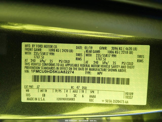 Aukcja sprzedaży 2019 Ford Escape Sel, vin: 1FMCU0HD5KUA82274, numer aukcji: 44562201