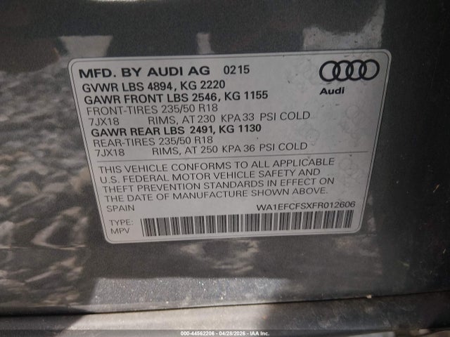 Продажа на аукционе авто 2015 Audi Q3 2.0t Premium Plus, vin: WA1EFCFSXFR012606, номер лота: 44562206