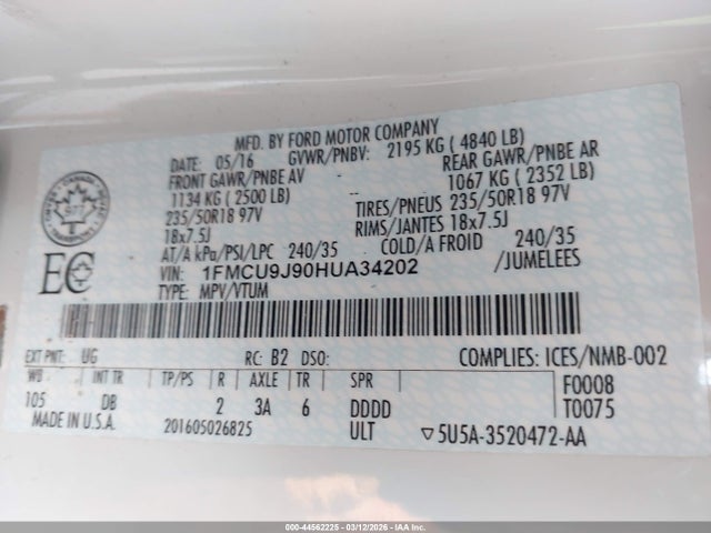 1FMCU9J90HUA34202 Ford Escape Titanium