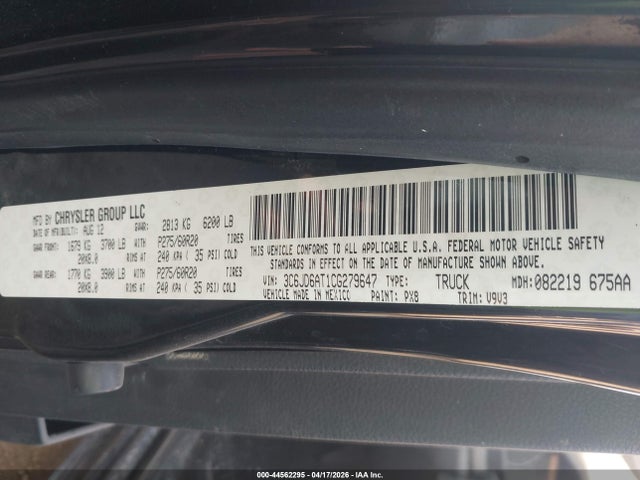 44562295 :رقم المزاد ، 3C6JD6AT1CG279647 vin ، 2012 Ram 1500 St مزاد بيع
