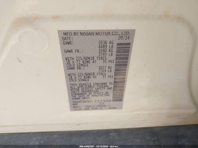 2015 Nissan Rogue Sl მანქანა იყიდება აუქციონზე, vin: 5N1AT2MTXFC757549, აუქციონის ნომერი: 44562307