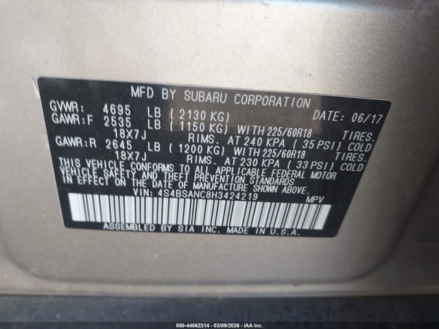 4S4BSANC8H3424219 Subaru Outback 2.5i Limited
