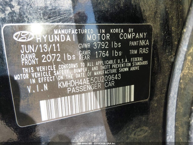 Aukcja sprzedaży 2012 Hyundai Elantra Gls (ulsan Plant), vin: KMHDH4AE5CU209643, numer aukcji: 44562353
