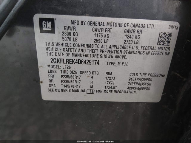 44562383 :رقم المزاد ، 2GKFLREK4D6429174 vin ، 2013 Gmc Terrain Sle-1 مزاد بيع