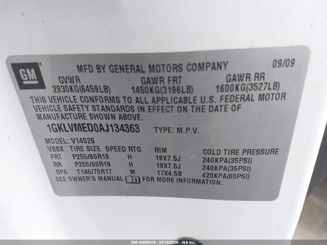 Aukcja sprzedaży 2010 Gmc Acadia Slt-1, vin: 1GKLVMED0AJ134363, numer aukcji: 44562416