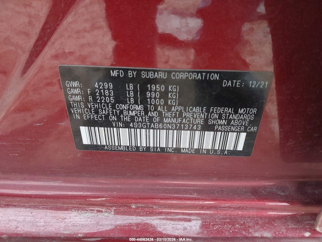 Aukcja sprzedaży 2022 Subaru Impreza Base 5-door, vin: 4S3GTAB60N3713743, numer aukcji: 44562426
