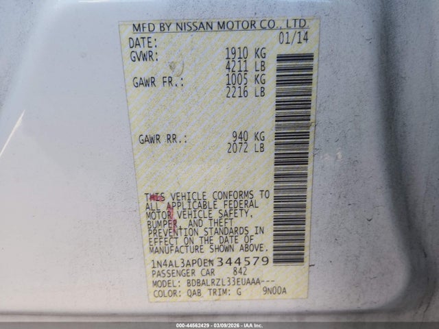 1N4AL3AP0EN344579 Nissan Altima 2.5/2.5 S/2.5 Sl/2.5 Sv
