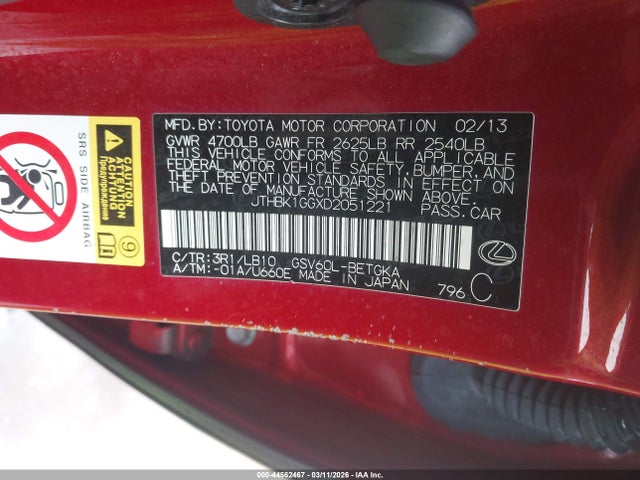 Продажа на аукционе авто 2013 Lexus Es 350, vin: JTHBK1GGXD2051221, номер лота: 44562467