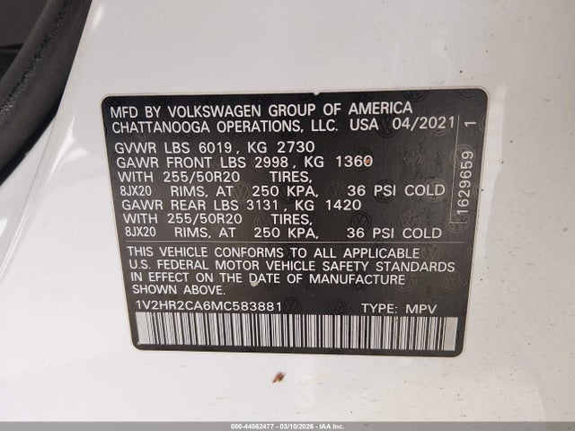 1V2HR2CA6MC583881 Volkswagen Atlas 3.6l V6 Se W/technology