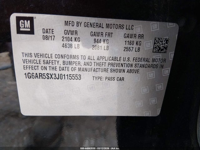 Продаж на аукціоні авто 2018 Cadillac Cts Luxury, vin: 1G6AR5SX3J0115553, номер лоту: 44562530