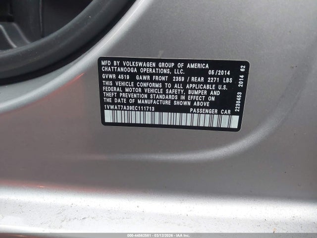44562581 :رقم المزاد ، 1VWAT7A39EC111713 vin ، 2014 Volkswagen Passat 1.8t S مزاد بيع