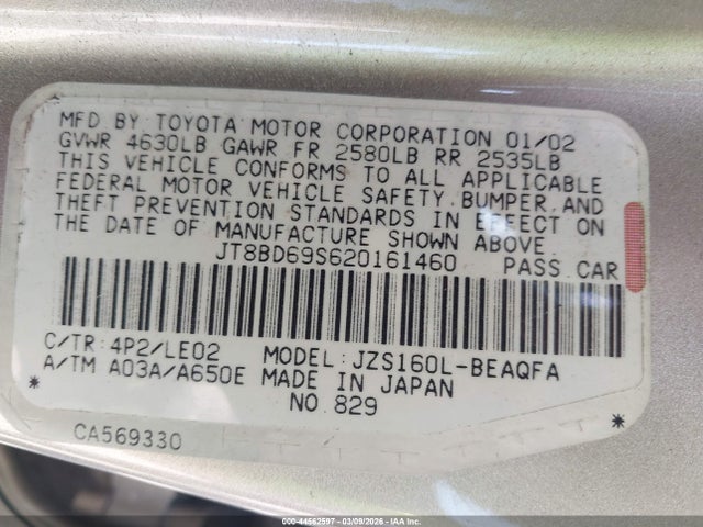 44562597 :رقم المزاد ، JT8BD69S620161460 vin ، 2002 Lexus Gs 300 مزاد بيع