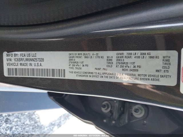 Продажа на аукционе авто 2022 Ram 1500 Laramie  4x4 5'7 Box, vin: 1C6SRFJM6NN257328, номер лота: 44562604