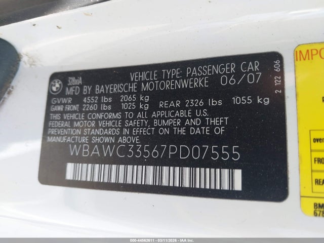 Aukcja sprzedaży 2007 Bmw 328xi, vin: WBAWC33567PD07555, numer aukcji: 44562611