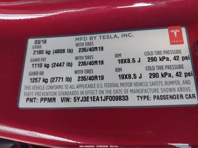 Aukcja sprzedaży 2018 Tesla Model 3 Long Range/mid Range, vin: 5YJ3E1EA1JF009833, numer aukcji: 44562640