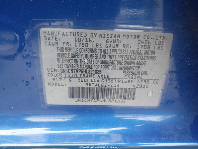 3N1CN7AP6HL821835 Nissan Versa 1.6 Sl