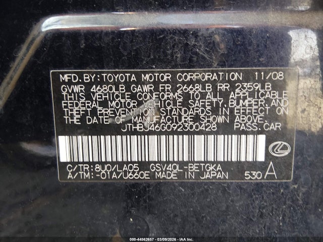 Продажа на аукционе авто 2009 Lexus Es 350, vin: JTHBJ46G092300428, номер лота: 44562657
