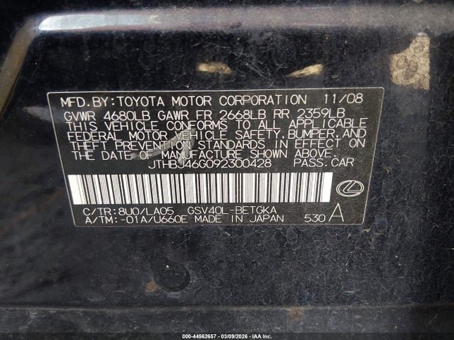 Продажа на аукционе авто 2009 Lexus Es 350, vin: JTHBJ46G092300428, номер лота: 44562657