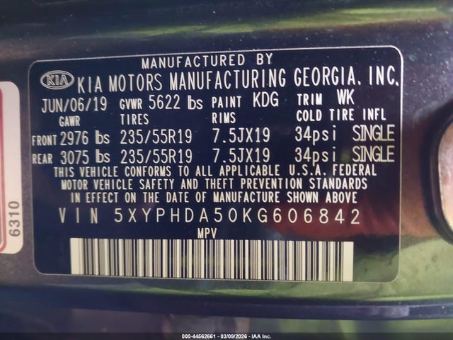 44562661 :رقم المزاد ، 5XYPHDA50KG606842 vin ، 2019 Kia Sorento 3.3l Ex Sport مزاد بيع