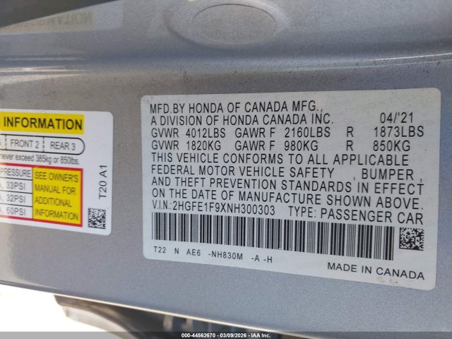 2HGFE1F9XNH300303 Honda Civic Touring