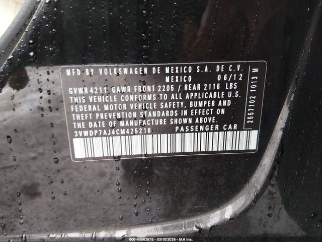 Продаж на аукціоні авто 2012 Volkswagen Jetta 2.5l Se, vin: 3VWDP7AJ4CM425216, номер лоту: 44562675