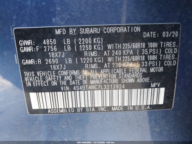 Aukcja sprzedaży 2020 Subaru Outback Limited, vin: 4S4BTANC7L3213924, numer aukcji: 44562692