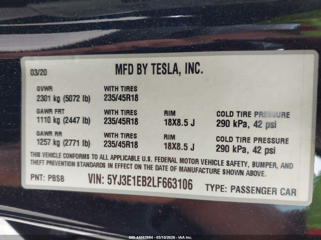2020 TESLA MODEL 3 5YJ3E1EB2LF663106 Photo 8