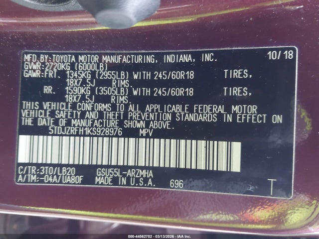 5TDJZRFH1KS928976 Toyota Highlander Xle