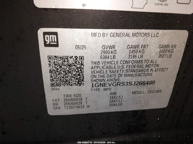 44562710 :رقم المزاد ، 1GNEVGRS3SJ266489 vin ، 2025 Chevrolet Traverse Awd Lt مزاد بيع