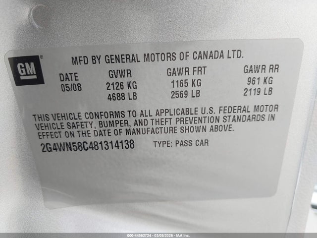 Aukcja sprzedaży 2008 Buick Lacrosse Super, vin: 2G4WN58C481314138, numer aukcji: 44562724