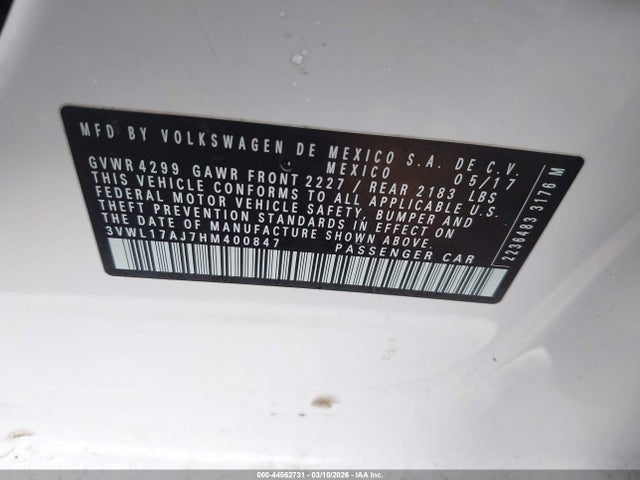 44562731 :رقم المزاد ، 3VWL17AJ7HM400847 vin ، 2017 Volkswagen Jetta 1.8t Sel/1.8t Sel Premium مزاد بيع