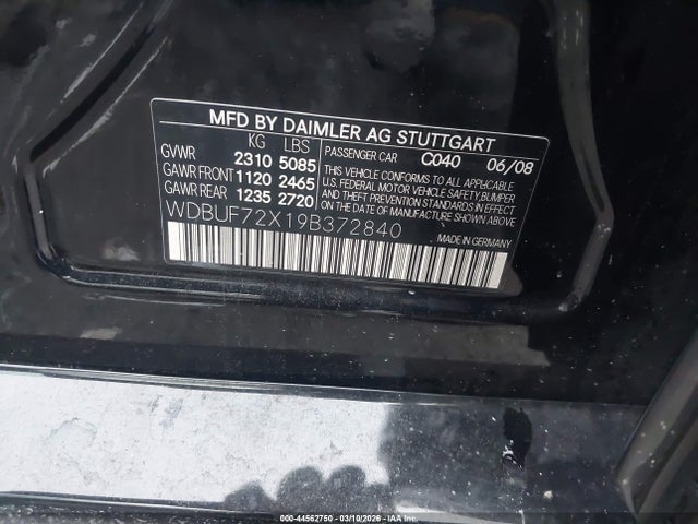 2009 Mercedes-benz E 550 მანქანა იყიდება აუქციონზე, vin: WDBUF72X19B372840, აუქციონის ნომერი: 44562750
