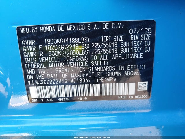 Aukcja sprzedaży 2026 Honda Hr-v Awd Sport, vin: 3CZRZ2H56TM718057, numer aukcji: 44562757