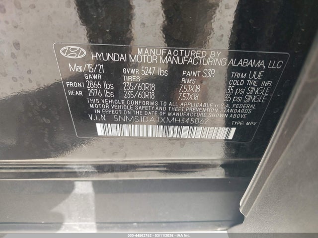 5NMS1DAJXMH345062 Hyundai Santa Fe Se