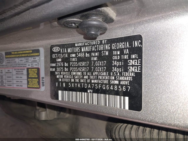 2015 Kia Sorento Lx V6 მანქანა იყიდება აუქციონზე, vin: 5XYKTDA75FG648567, აუქციონის ნომერი: 44562765