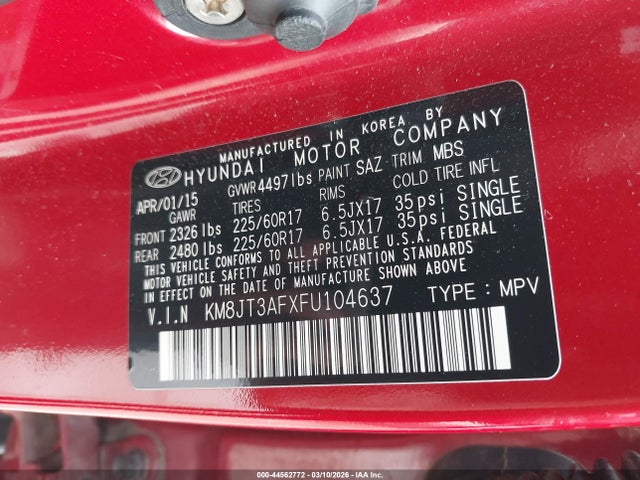 KM8JT3AFXFU104637 Hyundai TUCSON GLS