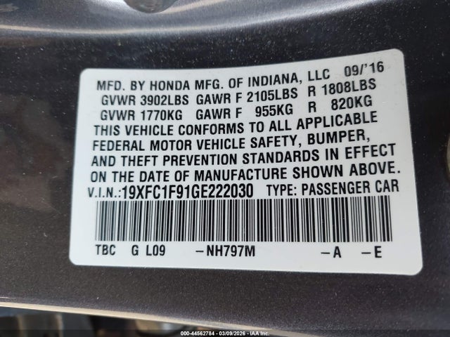 Honda Civic Touring 2016 19XFC1F91GE222030 Image 9