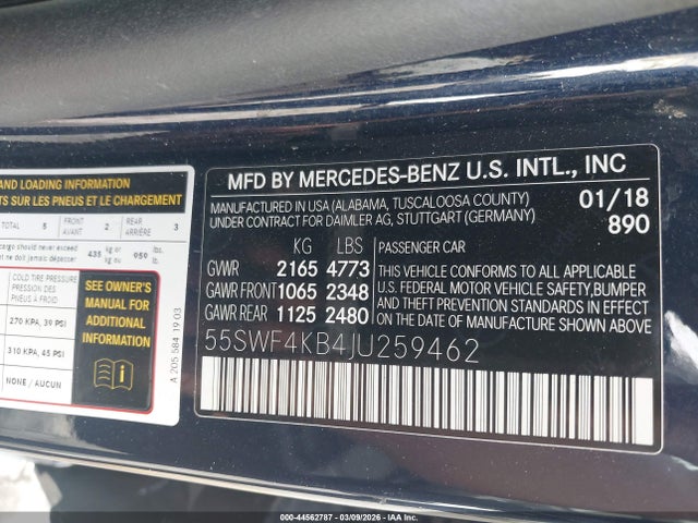 2018 Mercedes-benz C 300 4matic მანქანა იყიდება აუქციონზე, vin: 55SWF4KB4JU259462, აუქციონის ნომერი: 44562787