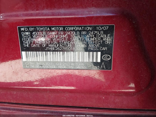 Продажа на аукционе авто 2008 Lexus Is 350, vin: JTHBE262785018300, номер лота: 44562790