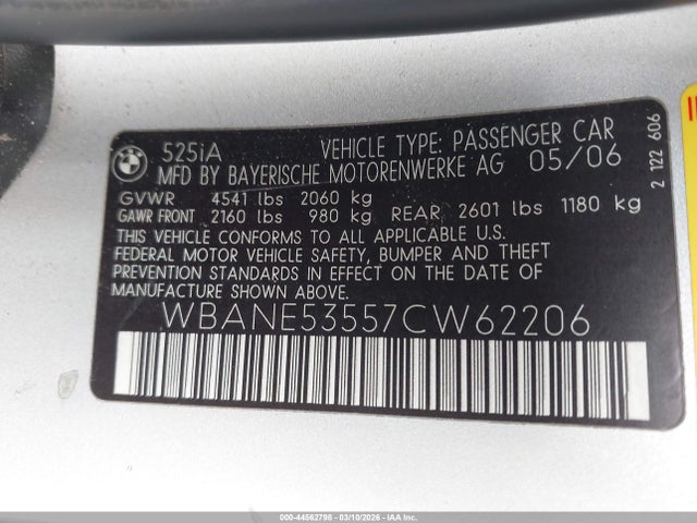 Aukcja sprzedaży 2007 Bmw 525i, vin: WBANE53557CW62206, numer aukcji: 44562798