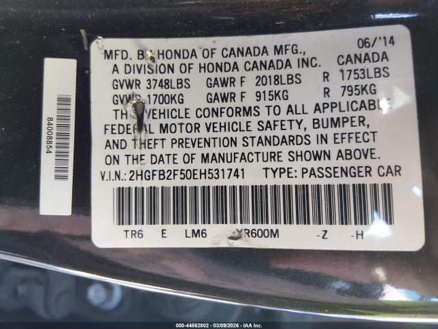 2014 Honda Civic Lx მანქანა იყიდება აუქციონზე, vin: 2HGFB2F50EH531741, აუქციონის ნომერი: 44562802