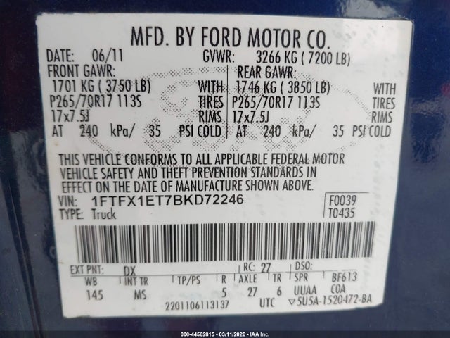 Продаж на аукціоні авто 2011 Ford F-150 Xlt, vin: 1FTFX1ET7BKD72246, номер лоту: 44562815